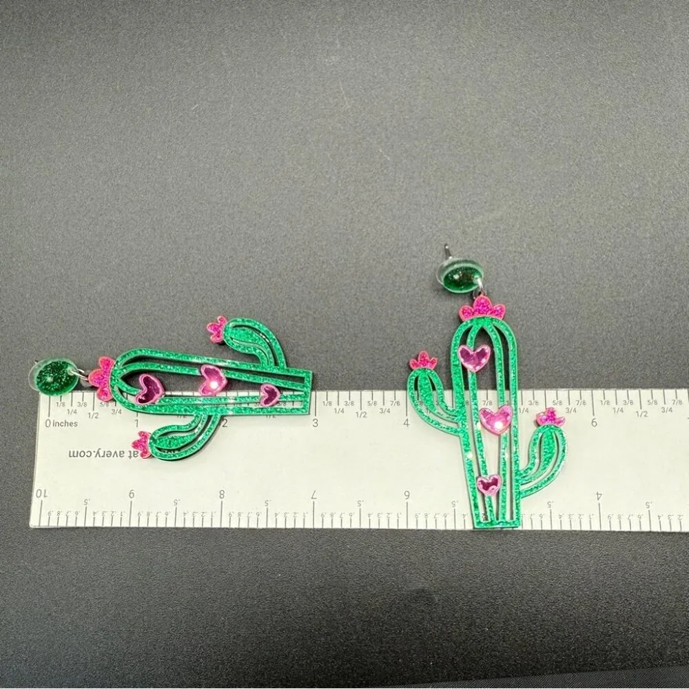 Green and Pink Cactus Earrings - Pierced - Picture 6 of 6